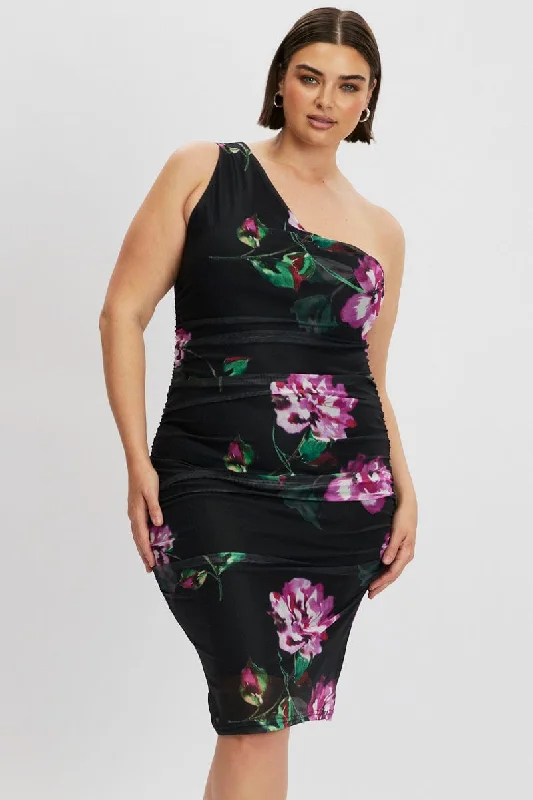 Black Floral One Shoulder Ruched Midi Dress