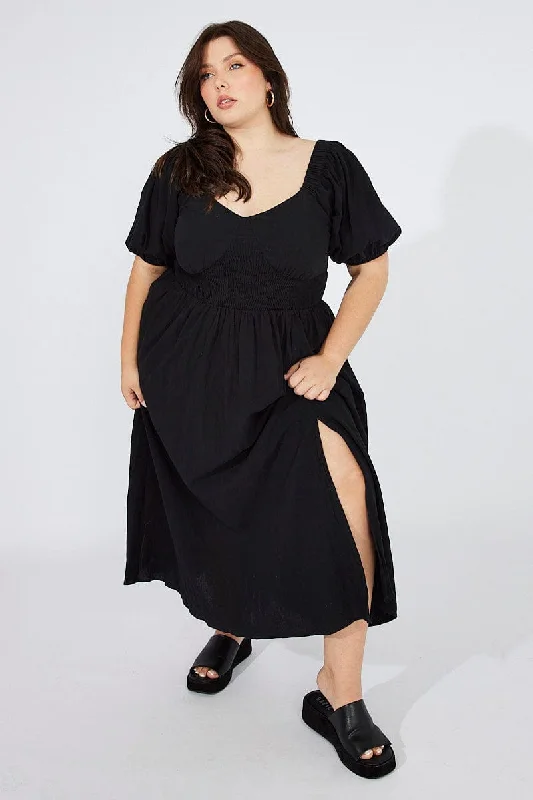 Black Midi Dress Puff Sleeve Front Split