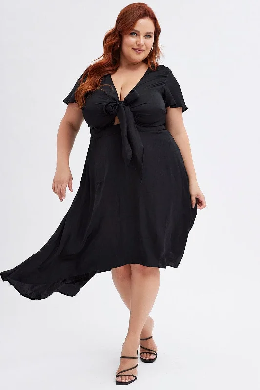 Black Midi Dress Short Sleeve Tie Back Satin