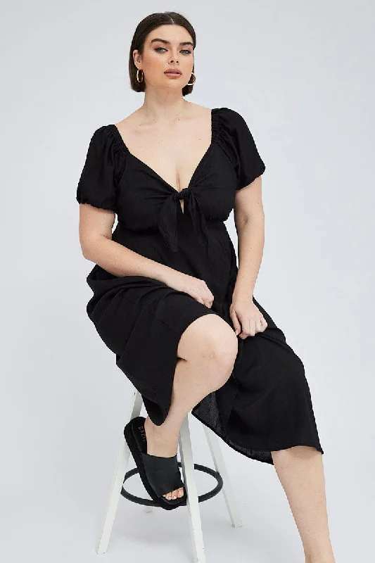 Black Midi Dress Tie Front Puff Sleeve