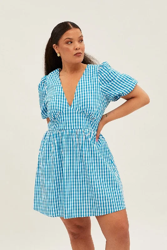 Blue Check Midi Dress Short Puff Sleeve V-neck Gingham