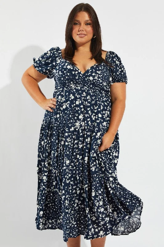 Blue Ditsy Crossover Front Midi Dress