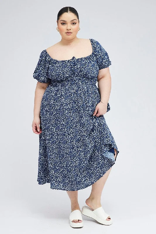 Blue Ditsy Midi Dress Short Sleeve Tiered