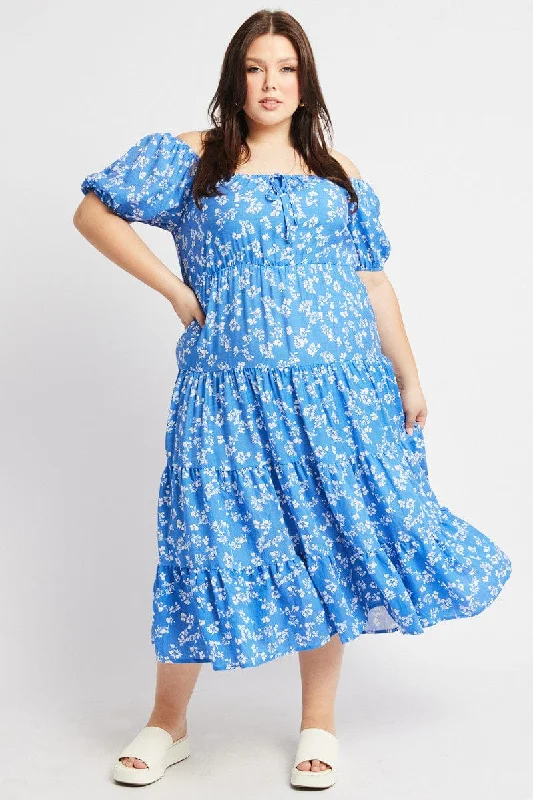 Blue Ditsy Midi Dress Short Sleeve Tiered