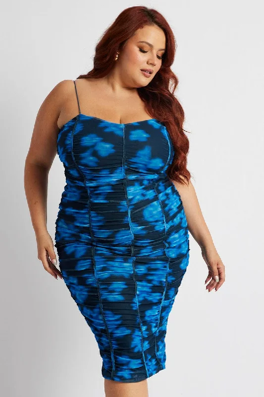 Blue Floral Mesh Ruched Midi Dress