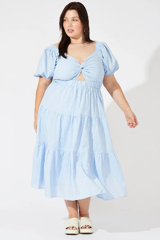 Blue Midi Dress Short Sleeve Tiered Cotton