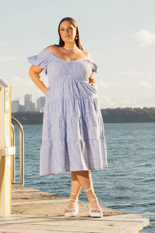 Blue Stripe Midi Dress Short Sleeve Tiered