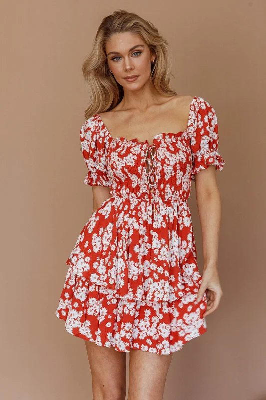 Buongiorno Bella Shirred Lace Up Mini Dress Floral Red