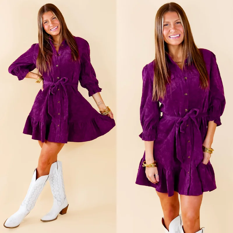 Cinnamon Lane Button Up Corduroy Dress with Waist Tie in Violet Purple