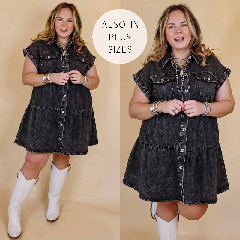 Latest Obsession Button Up Denim Tiered Dress in Black