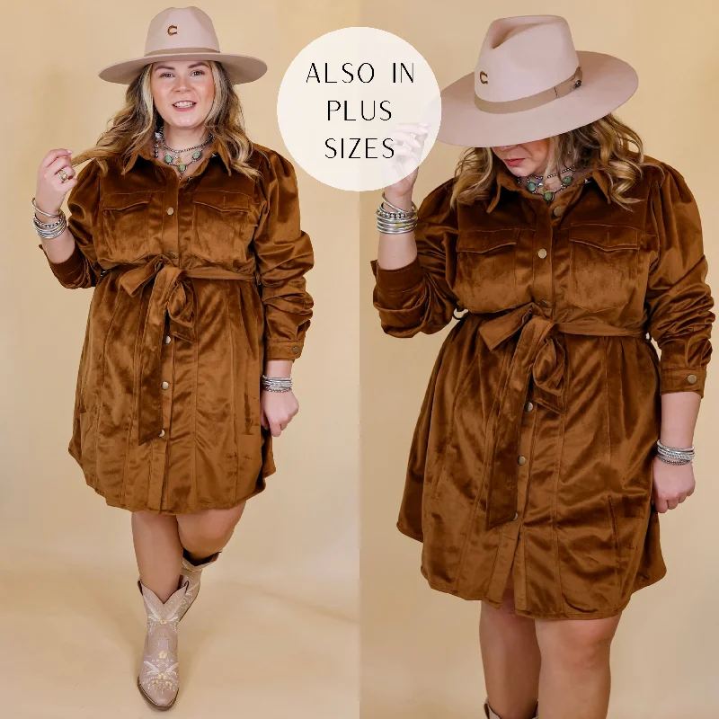 Free And Flirty Suede Button Up Dress with Waist Tie in Brown