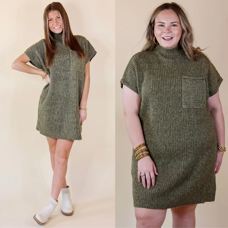 City Sights Cap Sleeve Sweater Dress in Olive Green