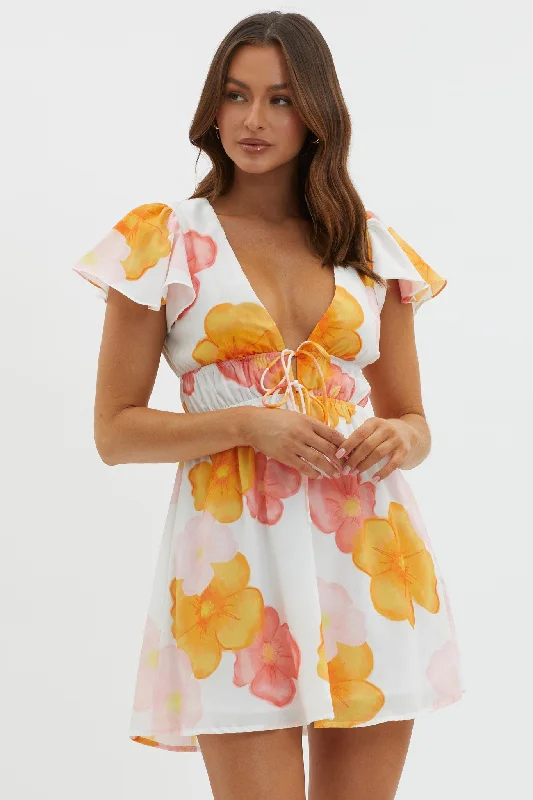 Carnivale Angel Sleeve Mini Dress Floral Orange