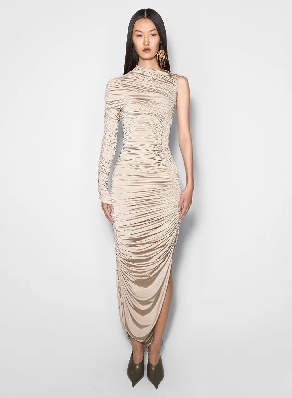 champagne asymmetrical pierced ruched dress