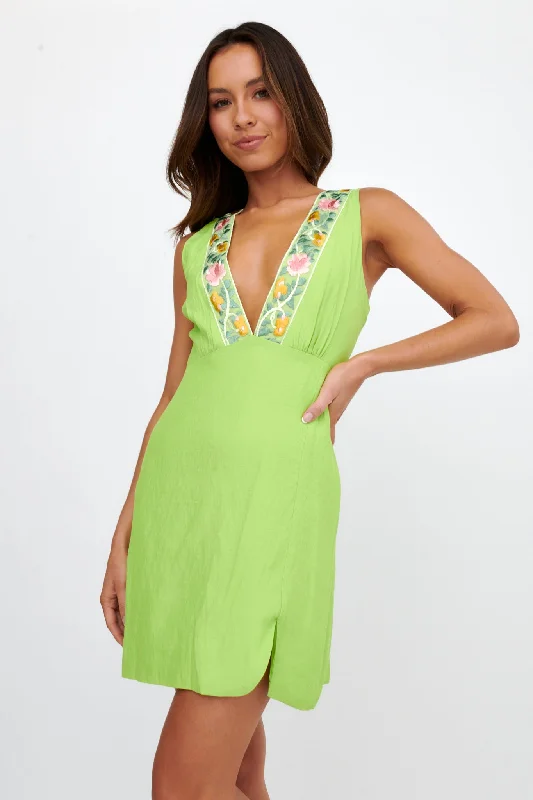 Cozumel V-Neck Embroidered Mini Dress Lime