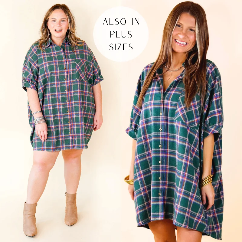 Cozy And Kind Button Up Plaid Dress in Green