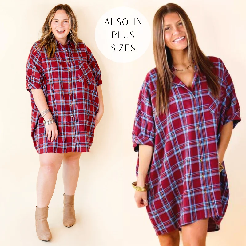 Cozy And Kind Button Up Plaid Dress in Maroon