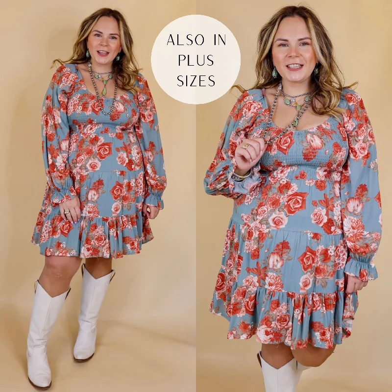 Day Cafe Smocked Bodice Floral Long Sleeve Dress in Dusty Blue