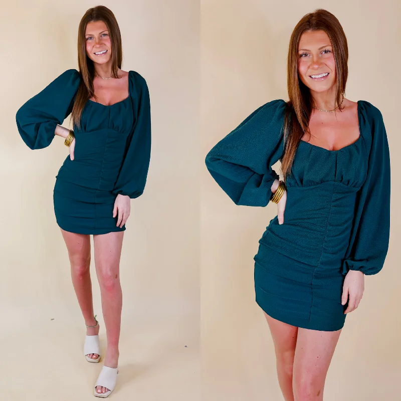 Take A Photo Ruched Dress with Long Sleeves in Dark Teal