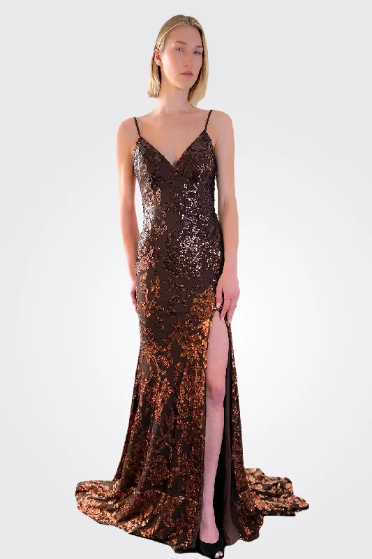 Embellished Backless Dress - Brown Copper