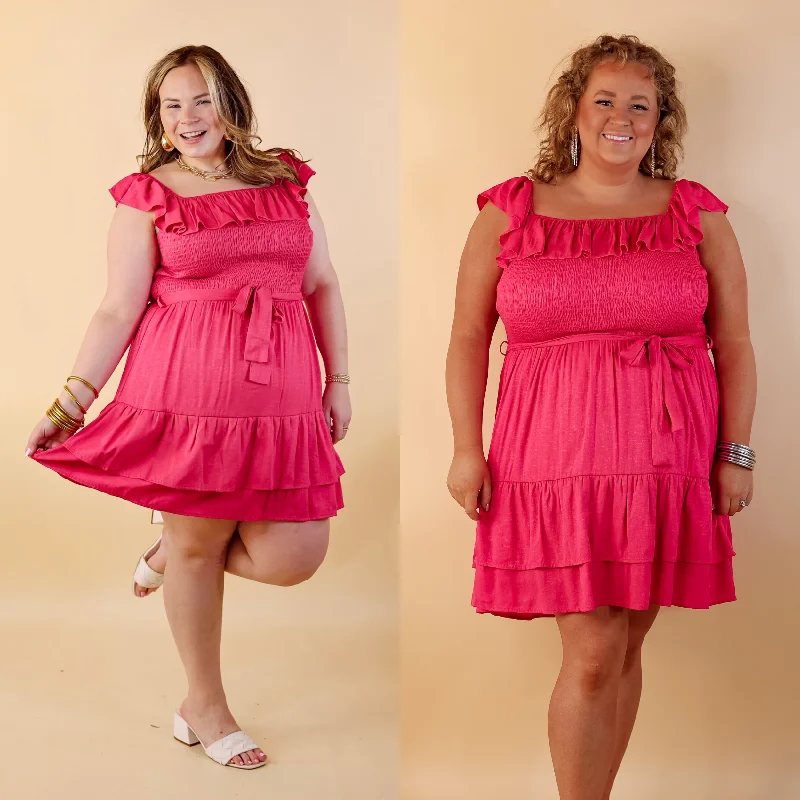 Feeling Refined Ruffle Tiered Dress with Smocked Bodice in Hot Pink