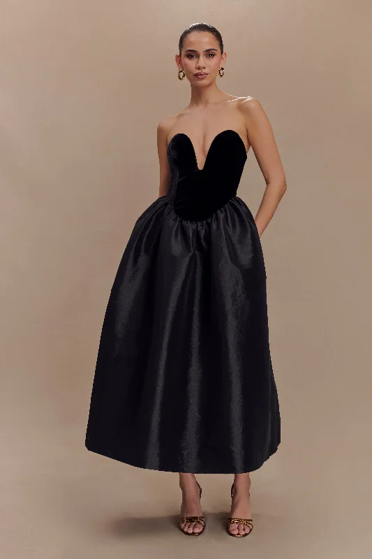 Flora Strapless Velvet Midi Dress - Black