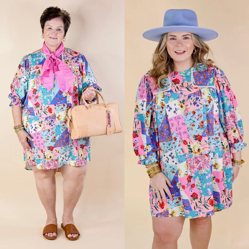 Floral Paradise Floral Patch Pattern Dress in Blue and Pink