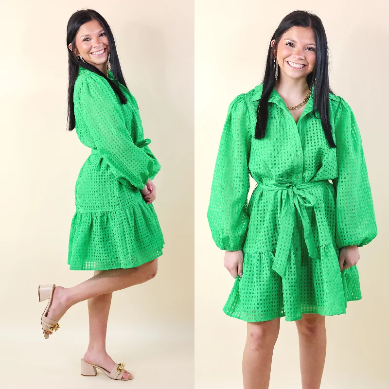 Fresh Air Sheer Gingham Print Button Up Dress in Green