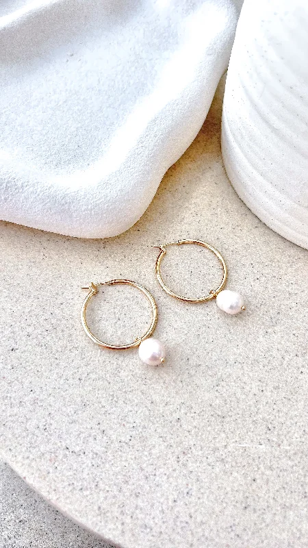 Freshwater Pearl Drop Midi Hoops - Gold