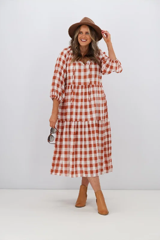 Fria Sammy Gingham 2 Tier Midi Dress Tan