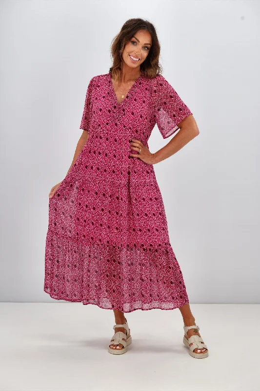 Gloss by Shine On Avonley Tiered Chiffon Dress Pink Diamond Print