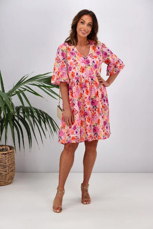 Gloss by Shine On Leila Frill Sleeve Dress Super Bright Floral