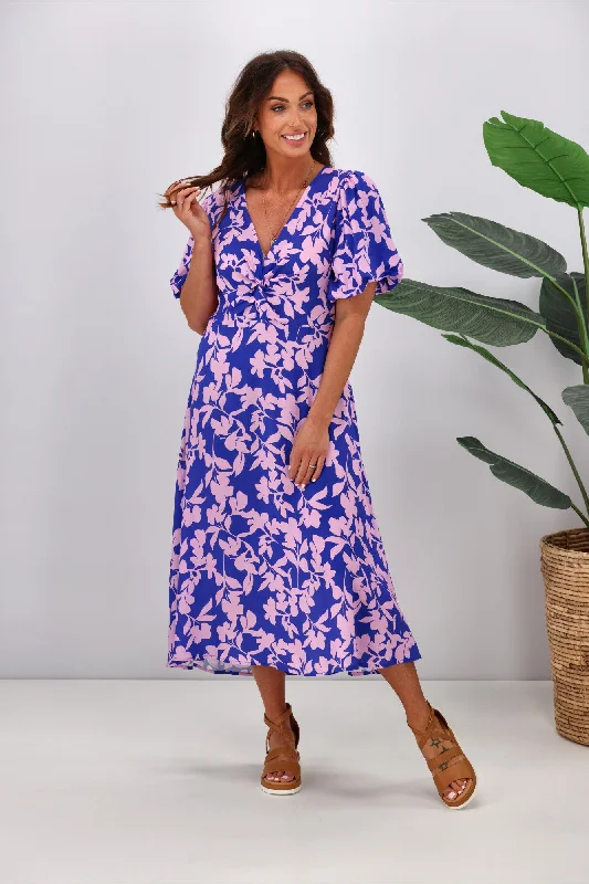 Gloss by Shine On Thora Knot Front Dress Blue Pink Leaf Print