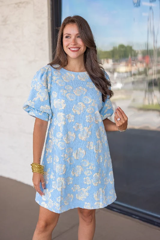 Golden Blooms Light Blue Dress