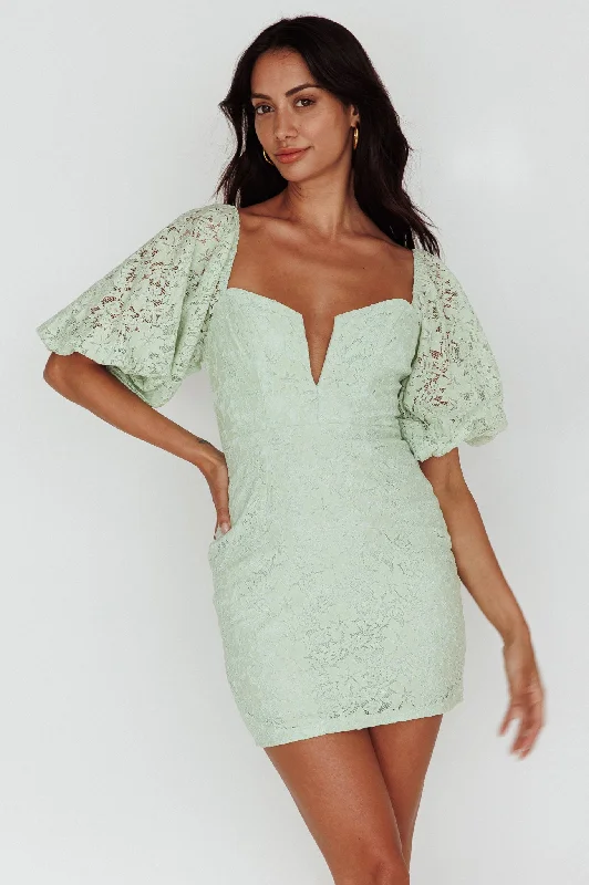 Good Vibes Puff Sleeve Deep V-Neckline Lace Mini Dress Sage