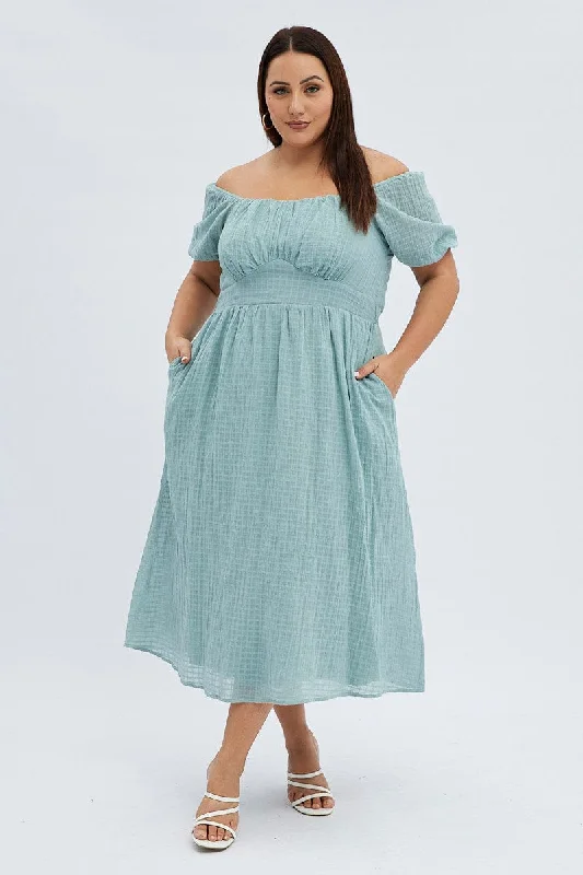 Green Midi Dress Check Cotton Puff Sleeve