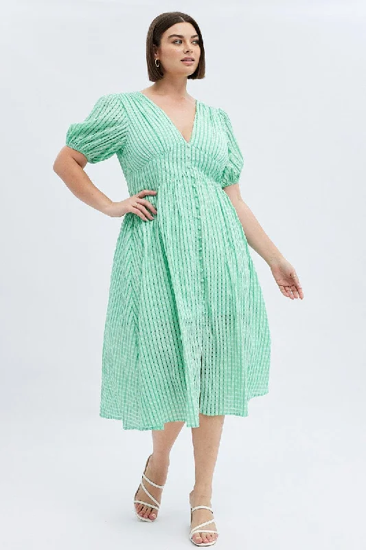 Green Midi Dress Short Puff Sleeve