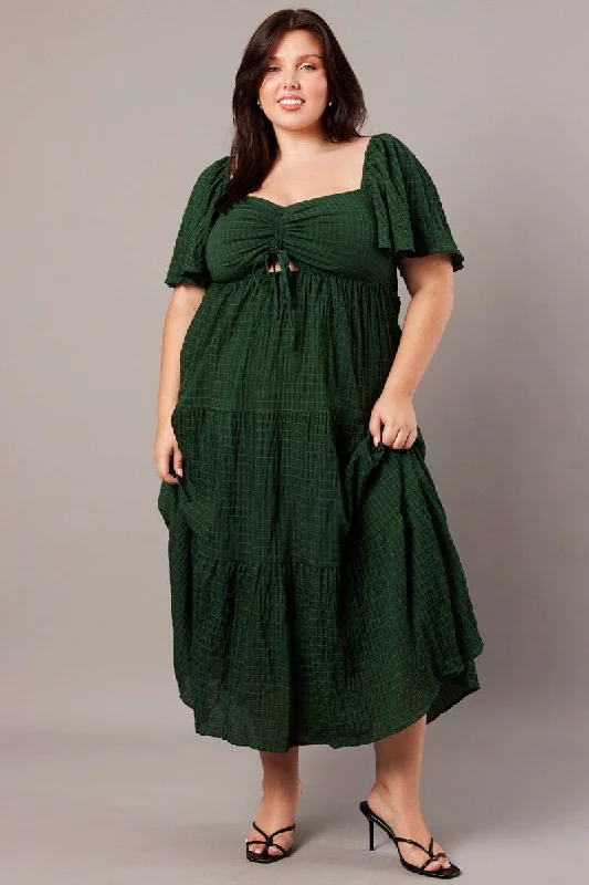 Green Midi Dress Short Sleeve Textured