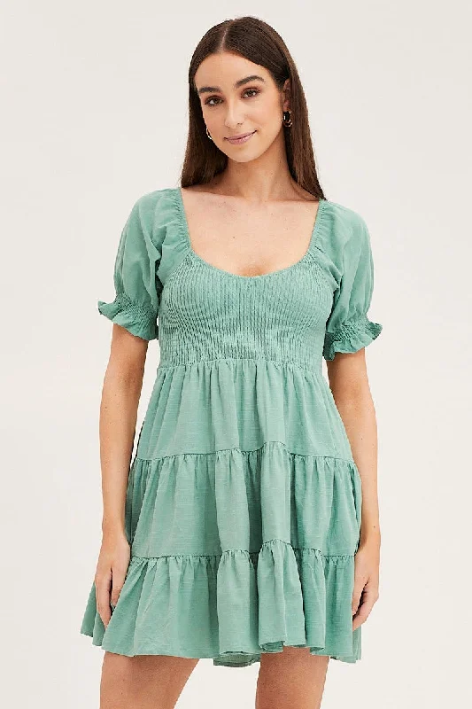 Green Puff Sleeve Shirred Tiered Skater Dress