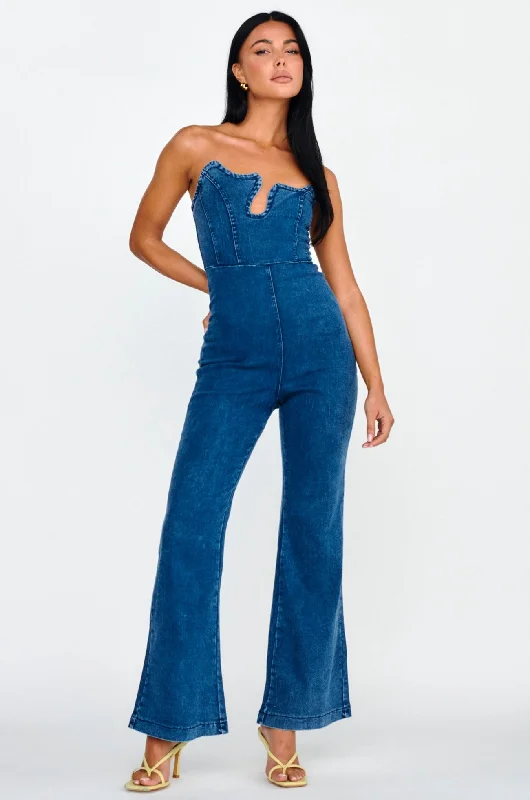 Horizon Strapless Wavy Neckline Jumpsuit Denim