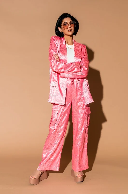 Lucky Girl Jacquard Floral Blazer + Cargo Pants Set in Coral Pink