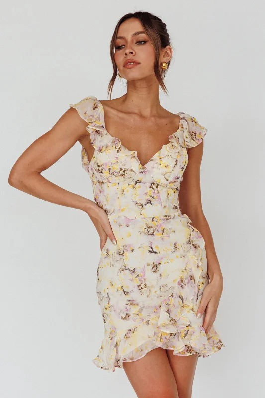 Make Memories Frill Strap Mini Dress Floral Yellow