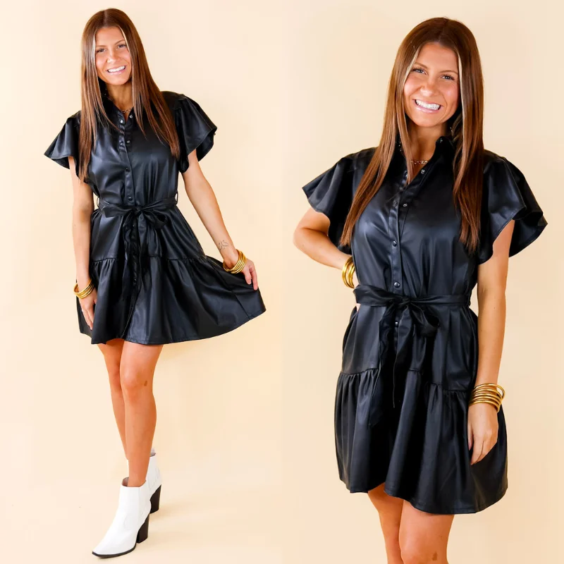 Last Chance Size Small | Make Your Point Button Up Faux Leather Dress in Black