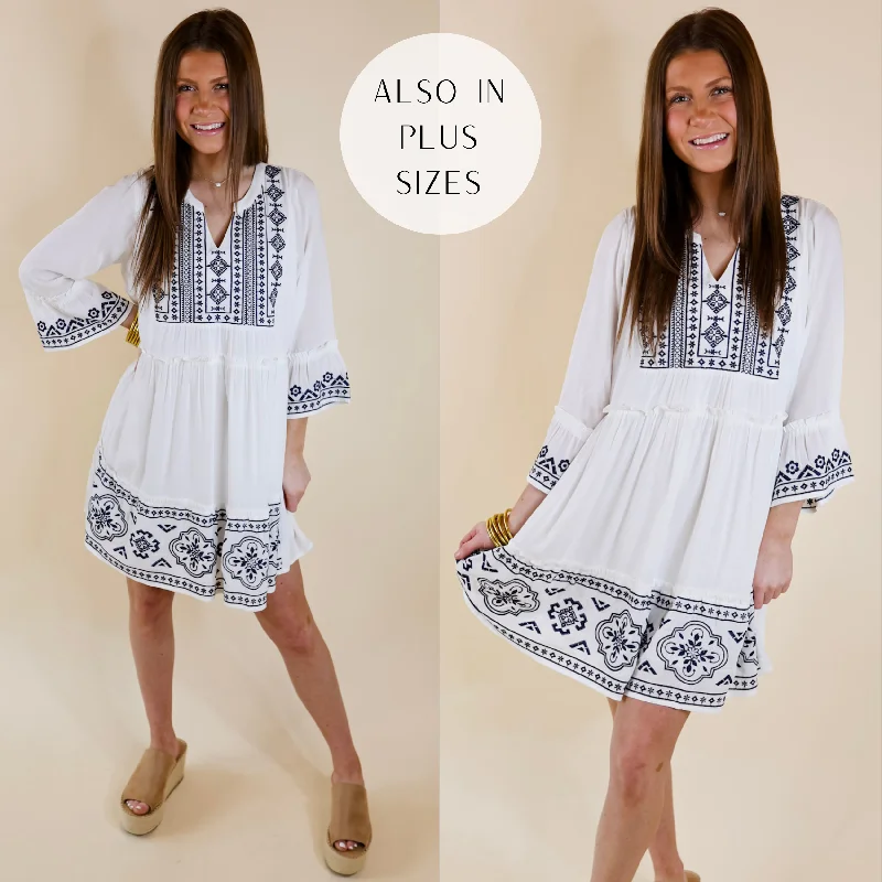 Peaceful And Pretty Navy Embroidered Dress with Notched Neckline in White