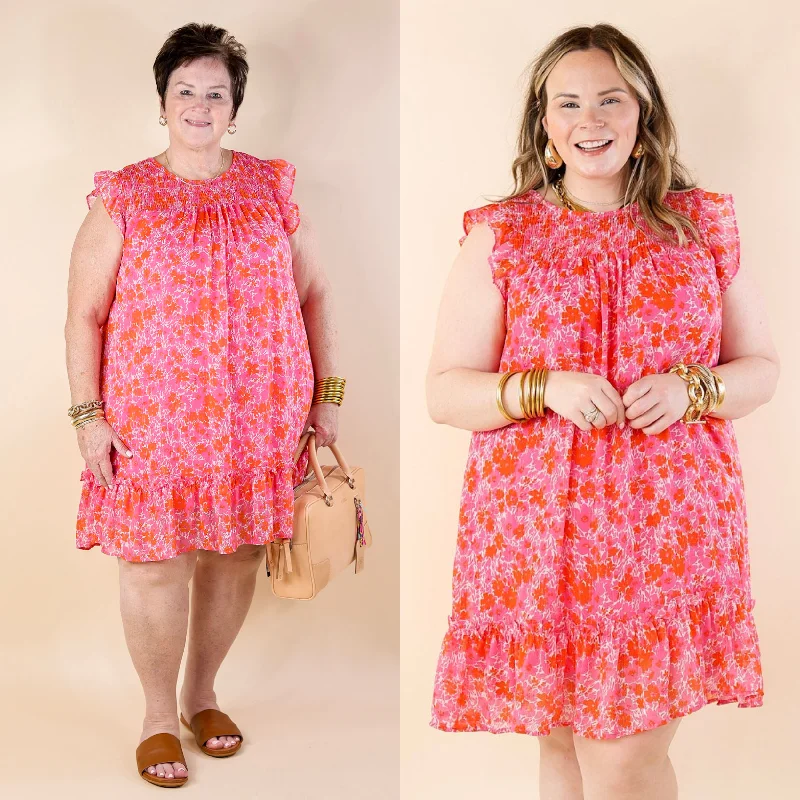 New To The Scene Floral Dress with Ruffle Cap Sleeves in Red and Pink