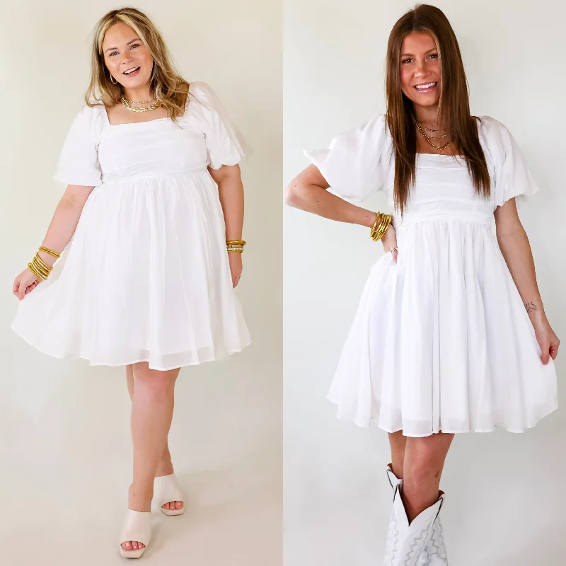 Livin Free Off The Shoulder Pleated Dress With Puffed Sleeves in White