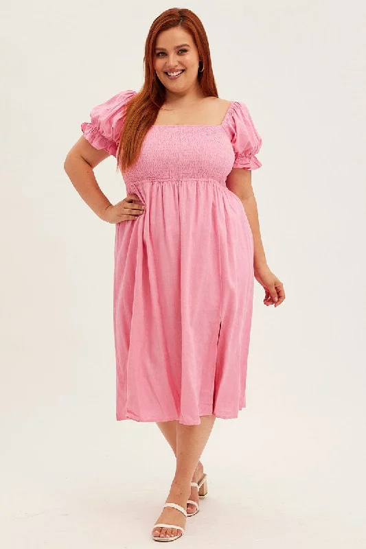 Pink Shirred Short Sleeve Linen Blend Midi Dress