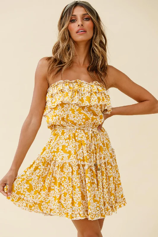 Raquel Strapless Layered Dress Floral Print Mustard