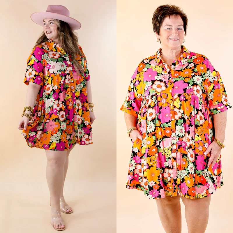 Last Chance Size Large and XL | Ready To Flaunt Button Up Floral Print Dress in Orange and Pink Mix