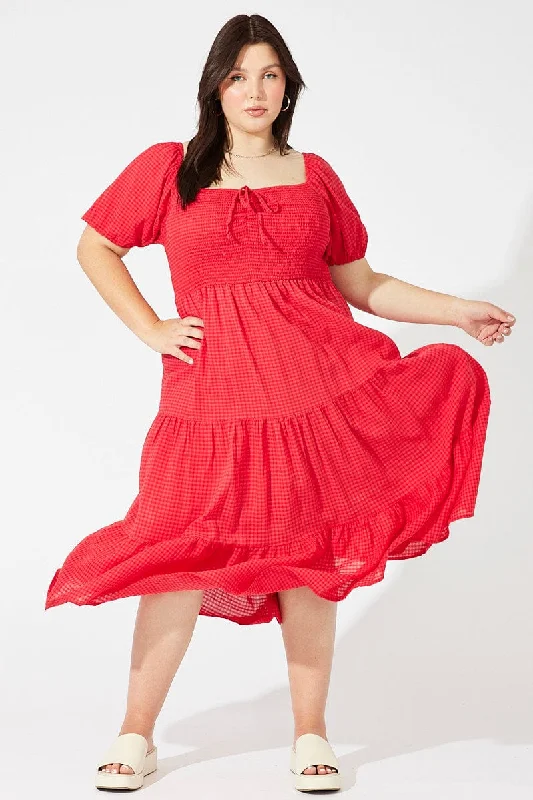 Red Midi Dress Short Sleeve Shirred